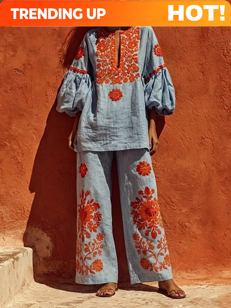 Linen Pant Wide - Tenue 2 pièces en lin bohème