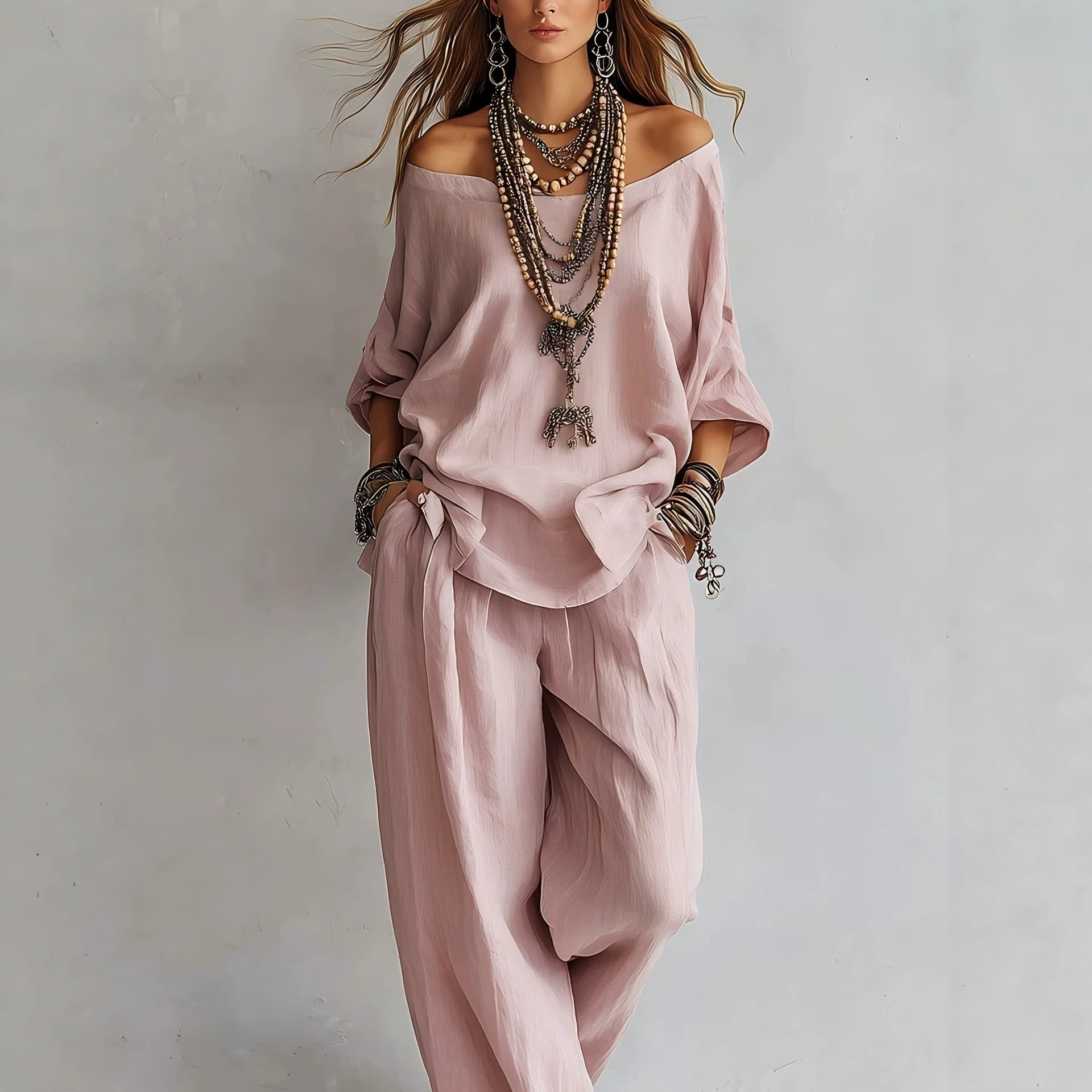 Linen Pant Wide - Ensemble décontracté en lin à manches