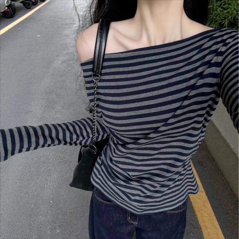 Blouse Off Shoulder - Haut décontracté vintage rayé à épaules
